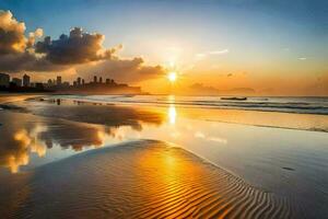 de Sol uppsättningar på de strand i mumbai. ai-genererad foto