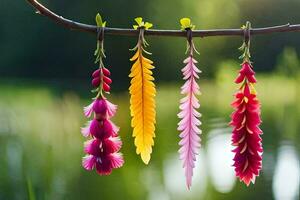 färgrik blommor hängande från en gren. ai-genererad foto