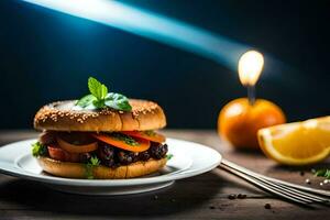 en hamburgare med grönsaker och en ljus. ai-genererad foto