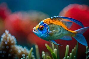 en fisk med blå och orange färger. ai-genererad foto