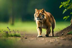 en tiger gående på en smuts väg i de skog. ai-genererad foto