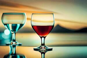 två vin glasögon med röd flytande Sammanträde på en tabell. ai-genererad foto