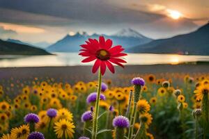 en röd blomma står ut i främre av en berg. ai-genererad foto