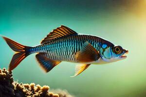 en fisk med blå och svart Ränder är simning. ai-genererad foto
