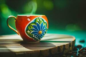 en kaffe kopp med en blomma på den sitter på en tabell. ai-genererad foto