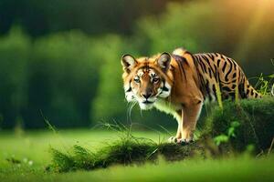 en tiger är gående tvärs över en gräs- fält. ai-genererad foto