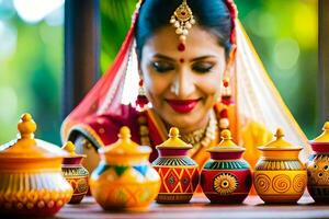 en kvinna i traditionell indisk klädsel är ser på en samling av färgrik krukor. ai-genererad foto
