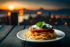 spaghetti med tomat och basilika på en tallrik. ai-genererad foto