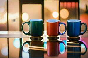 tre färgrik kaffe muggar sitta på en tabell. ai-genererad foto