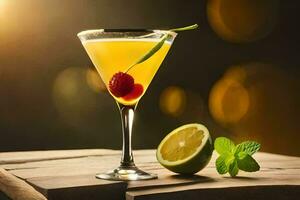 cocktail med en körsbär och mynta på en trä- tabell. ai-genererad foto