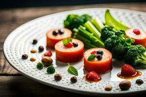 en tallrik med broccoli, morötter och jordgubbar. ai-genererad foto