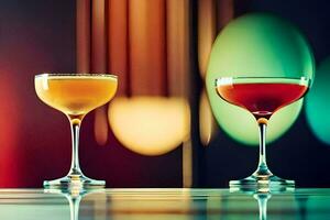 två cocktails sitta på en tabell i främre av en ljus ljus. ai-genererad foto