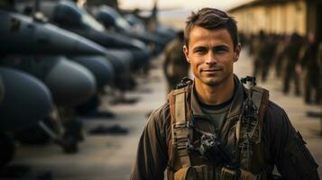 porträtt av pilot man stående i främre av en massa av militär Utrustning. foto