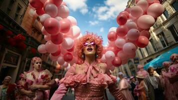 ung kvinna med rosa latex ballonger springa i gata, urban overkligt scen, utomhus. foto