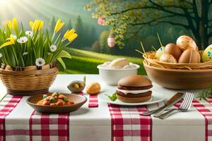 påsk tabell med ägg, skinka, bröd och blommor. ai-genererad foto