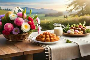 en tabell med en korg av blommor och en kaka. ai-genererad foto