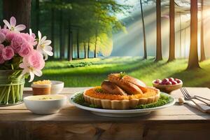 en tallrik av mat med blommor och en kopp av te på en tabell i de skogen. ai-genererad foto
