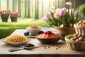 en tabell med olika livsmedel och blommor. ai-genererad foto