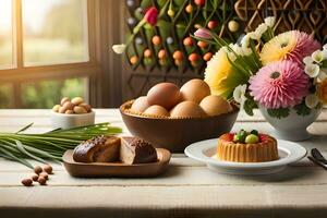påsk tabell med ägg, kaka och blommor. ai-genererad foto