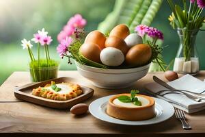 en tabell med ägg, kaka och blommor. ai-genererad foto