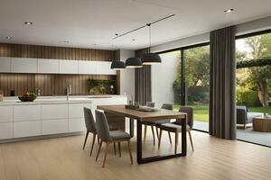 en modern kök med trä- golv och vit skåp. ai-genererad foto