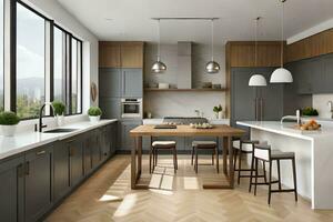 en modern kök med grå skåp och trä- golv. ai-genererad foto