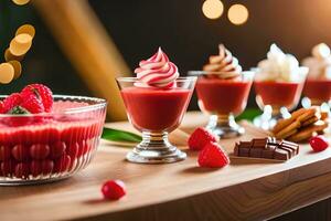 en tabell med desserter och frukt. ai-genererad foto