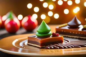 en tallrik med två bitar av choklad kaka dekorerad med jul träd. ai-genererad foto