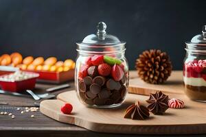 två burkar med choklad och frukt på en trä- tabell. ai-genererad foto