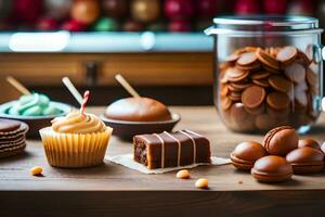 olika typer av choklad och muffins på en tabell. ai-genererad foto