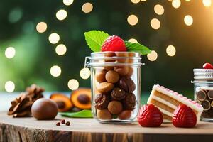 en burk av choklad, nötter och bär på en trä- tabell. ai-genererad foto