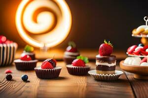choklad muffins och jordgubbar på en trä- tabell. ai-genererad foto
