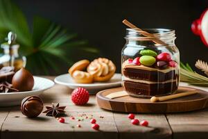 en glas burk med choklad och Övrig sötsaker på en trä- tabell. ai-genererad foto
