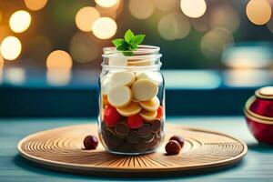 en glas burk fylld med choklad och frukt. ai-genererad foto