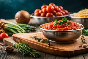 skålar av tomat sås och Övrig Ingredienser på en trä- skärande styrelse. ai-genererad foto