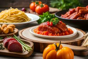 olika typer av mat Inklusive kött, grönsaker och pasta. ai-genererad foto