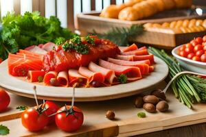 en tallrik av kött, grönsaker och bröd på en tabell. ai-genererad foto