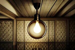 en ljus Glödlampa är hängande från de tak i en mörk rum. ai-genererad foto