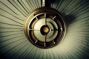 en cirkulär ljus är hängande från de tak. ai-genererad foto
