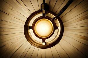 en ljus Glödlampa är hängande från en trä- vägg. ai-genererad foto