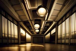 en lång hall med lampor och trä- golv. ai-genererad foto