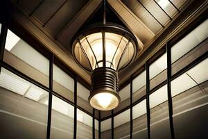 en ljus Glödlampa hängande från en tak i en byggnad. ai-genererad foto