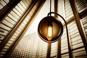 en ljus Glödlampa hängande från en tak i en rum. ai-genererad foto