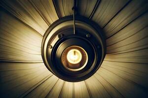 en ljus Glödlampa är hängande från en tak. ai-genererad foto