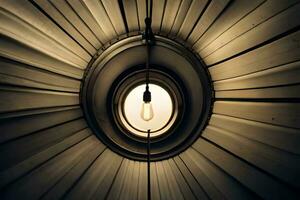 en ljus Glödlampa är hängande från de tak av en rum. ai-genererad foto
