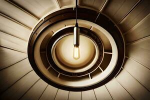 en ljus Glödlampa är hängande från de tak av en spiral trappa. ai-genererad foto
