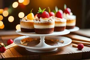 tre muffins på en kaka stå med jordgubbar. ai-genererad foto