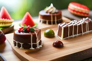 choklad desserter på en trä- bricka med frukt. ai-genererad foto