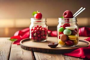 två burkar med godis och jordgubbar på en trä- tabell. ai-genererad foto