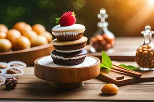 en stack av muffins med jordgubbar på topp. ai-genererad foto